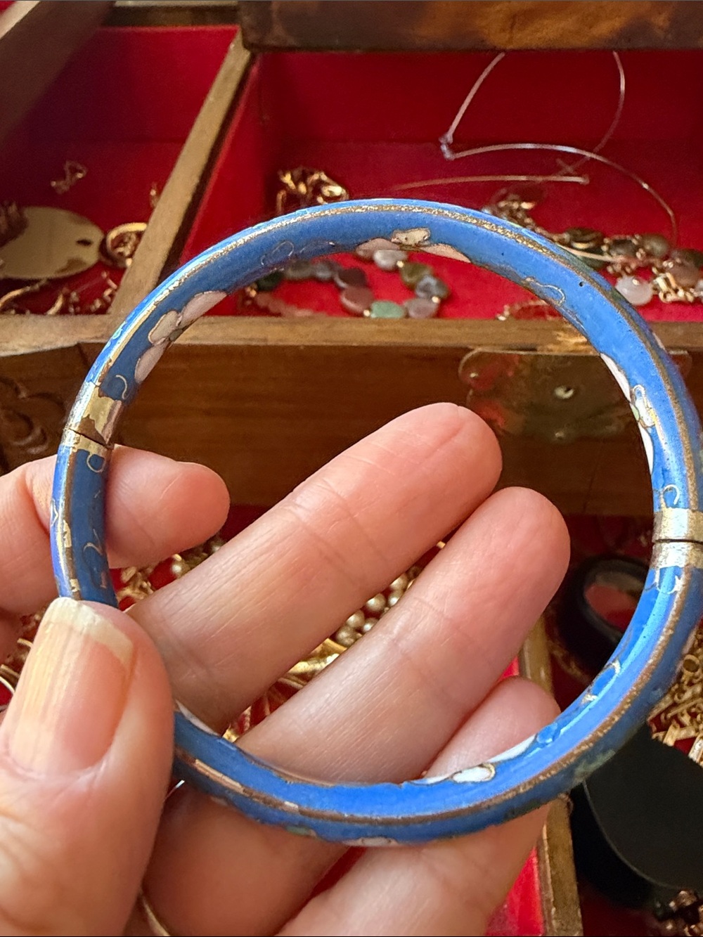 Vintage Blue Cloisonné Floral Bangle Bracelet - Gold Trim